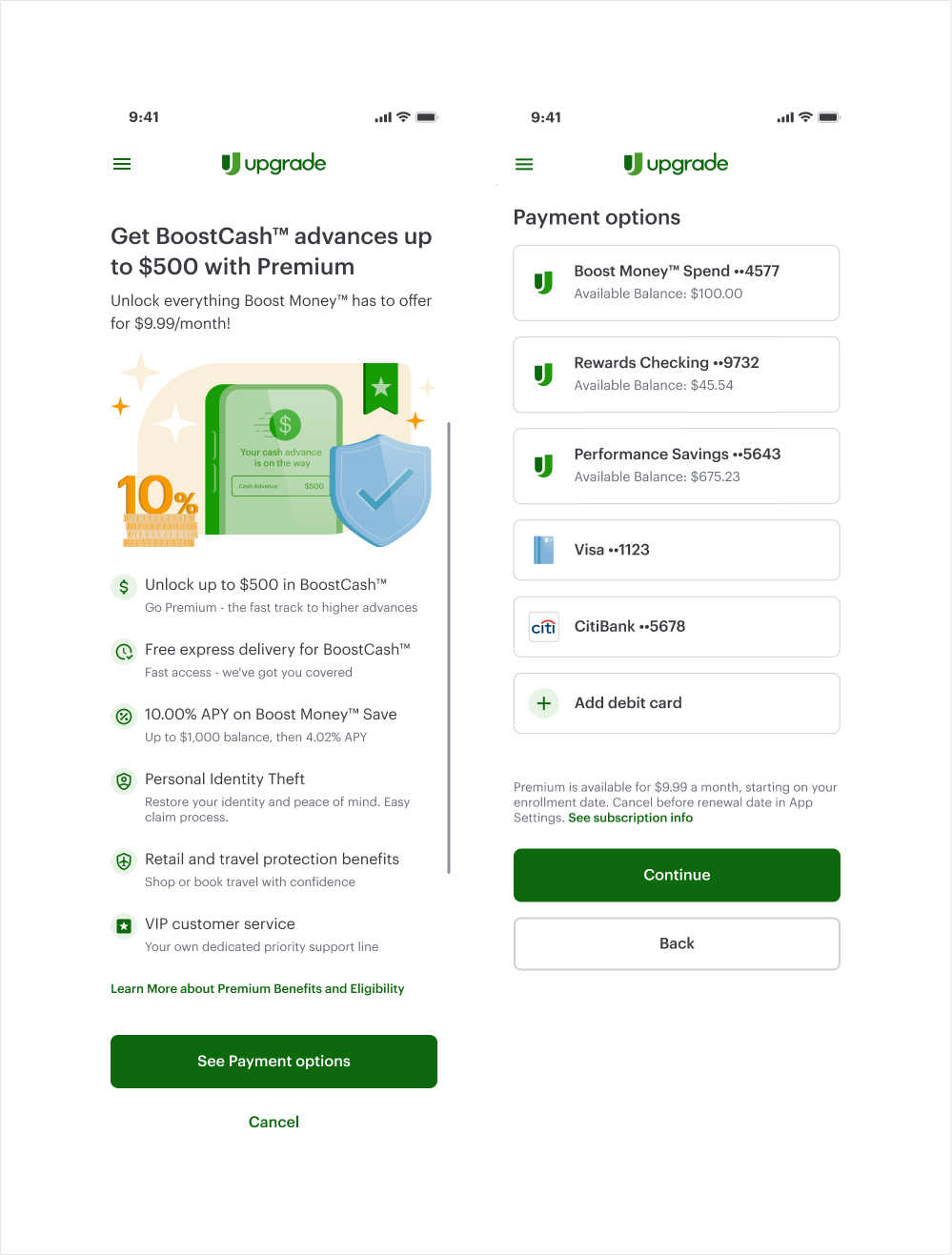 Updated Premium screens with a payment options list including the Boost Money account, rewards checking, savings, Visa, an external bank and add debit card