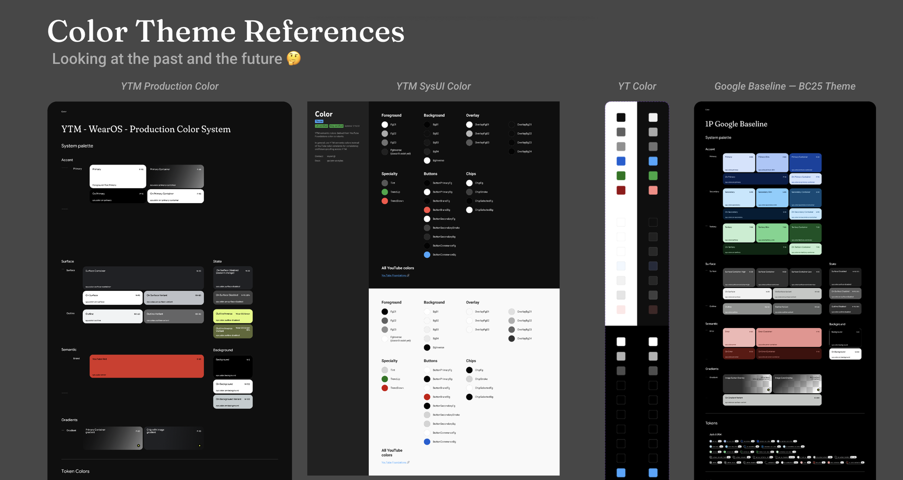 Color theme references side by side: YTM production color, YTM system UI color, YouTube color, and the Google baseline theme