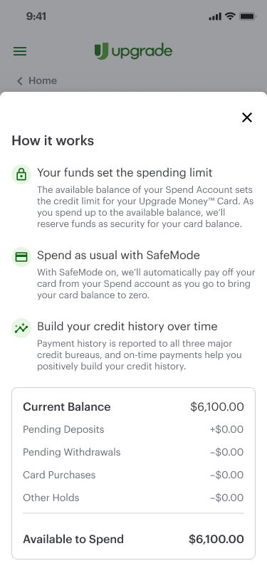 How it works bottom sheet on the Boost Money Spend dashboard: three explainer points plus a balance breakdown ending in Available to Spend