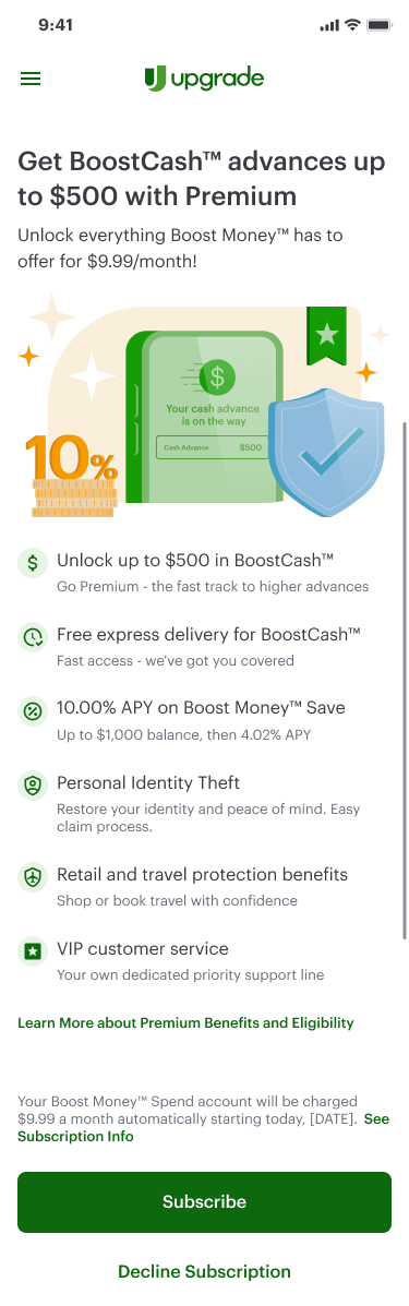 Original Premium subscription screen: subscribe button charges the newly opened Boost Money Spend account