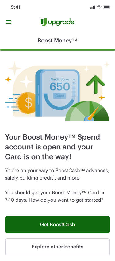 Original confirmation screen: Boost Money Spend account is open and the card is on the way