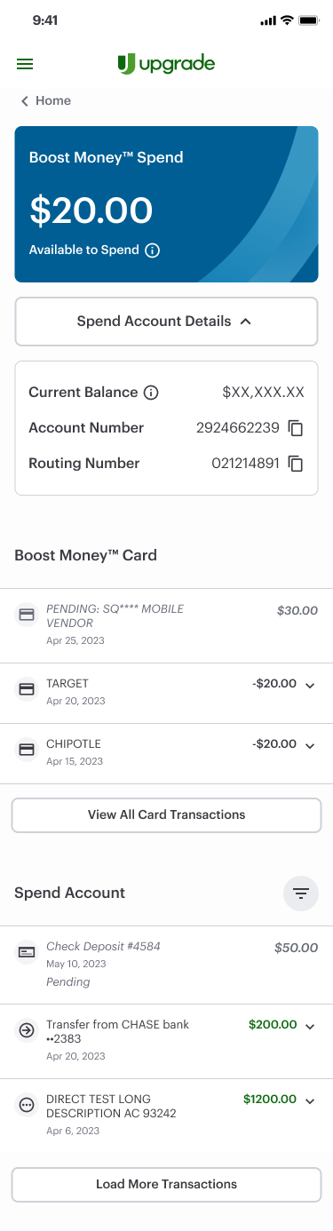 Boost Money Spend dashboard: card balance, spend account details, card transactions, then spend account transactions in one long scrolling screen