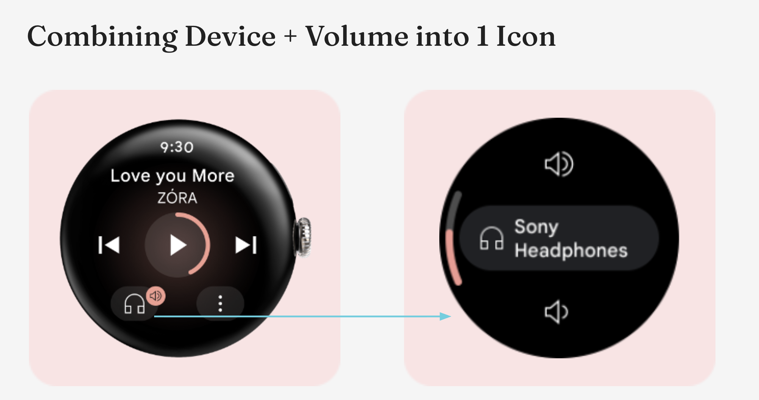 The combined icon: a headphones device icon with a volume badge, opening a screen with the connected device and volume controls
