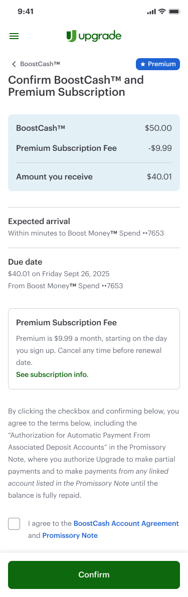 BoostCash confirmation screen showing a $50.00 advance minus the $9.99 Premium subscription fee, so the user receives $40.01, followed by arrival, due date, subscription fee notice and legal agreement text