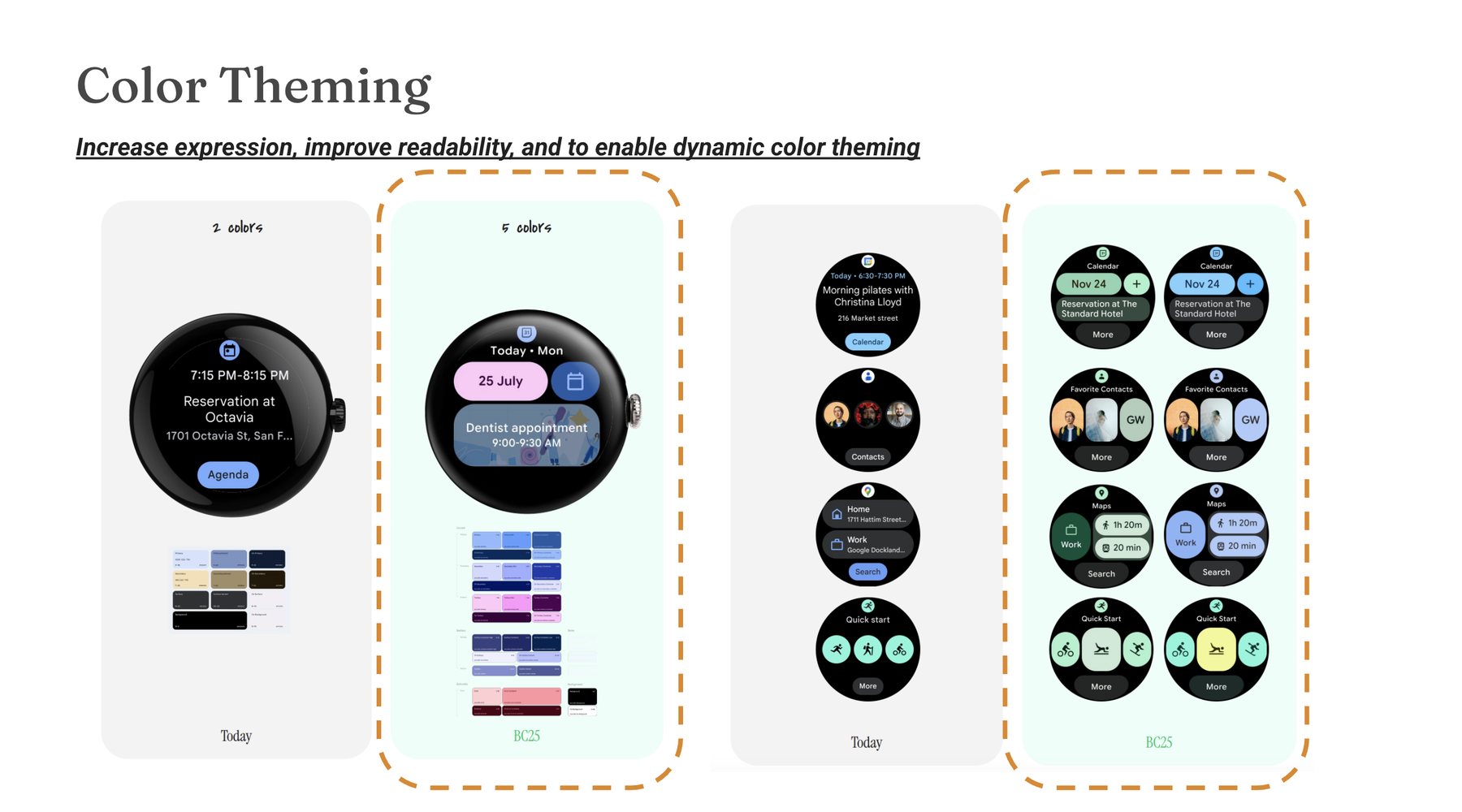 Color theming: a Wear OS tile and several tiles today with 2 colors, versus the new version with 5 colors, aimed at more expression, better readability and dynamic color theming