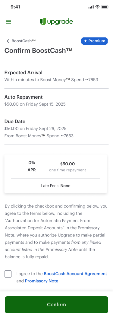 Shipped BoostCash confirmation screen: expected arrival, auto repayment and due date for a $50.00 advance, with a summary card showing 0% APR, $50.00 one time repayment and no late fees