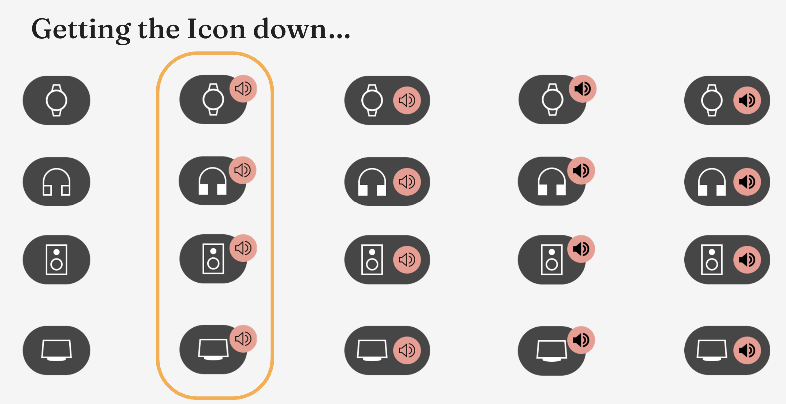 Grid of icon explorations for watch, headphones, speaker and TV, each with volume badge variations in fill and placement; the chosen column is outlined