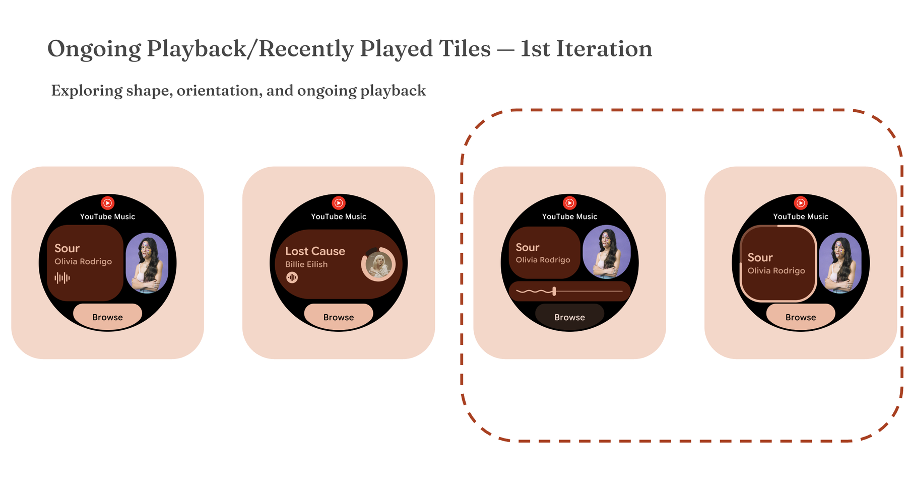 1st iteration of the Ongoing Playback and Recently Played tiles, exploring shape, orientation and ongoing playback across four options
