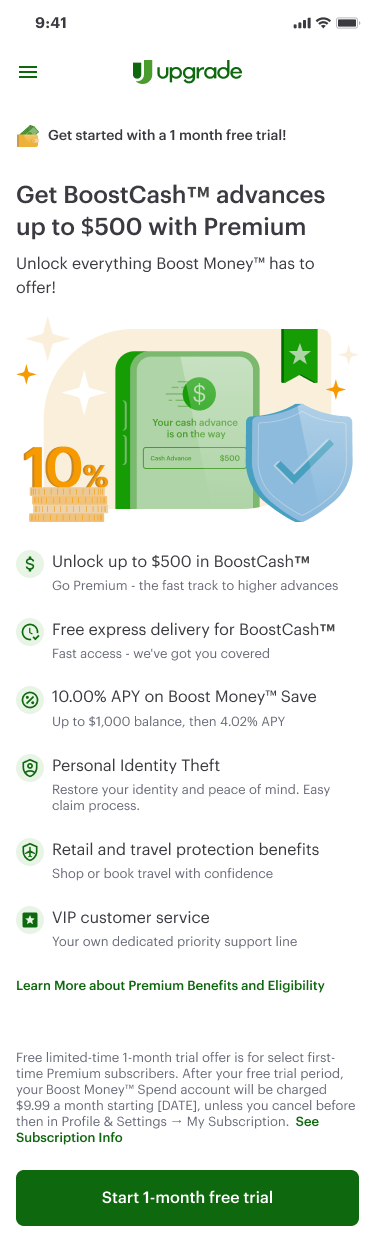 Shipped Premium paywall screen: Get started with a 1 month free trial, with the same Premium benefits list and a Start 1-month free trial button