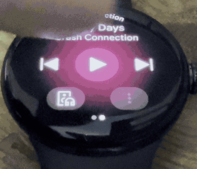Screen recording of the output switcher on a Wear OS watch: selecting an audio output device from the list and connecting to it