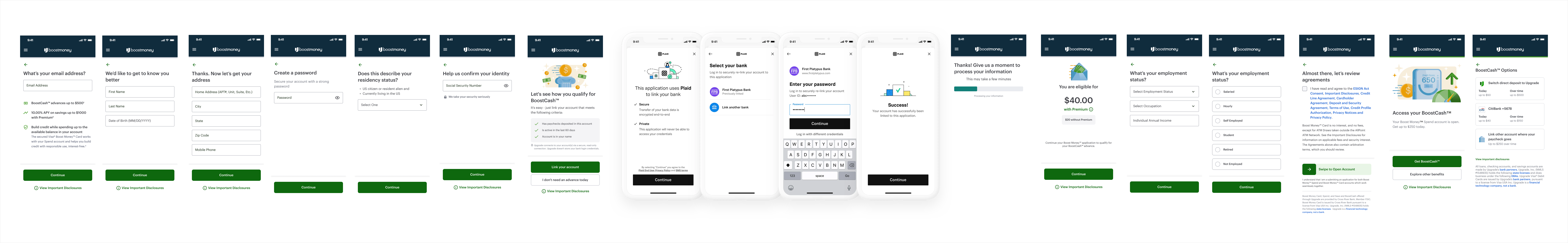 Updated application flow in Boost Money branding, with Plaid bank connection and eligibility check placed early, before the account agreements