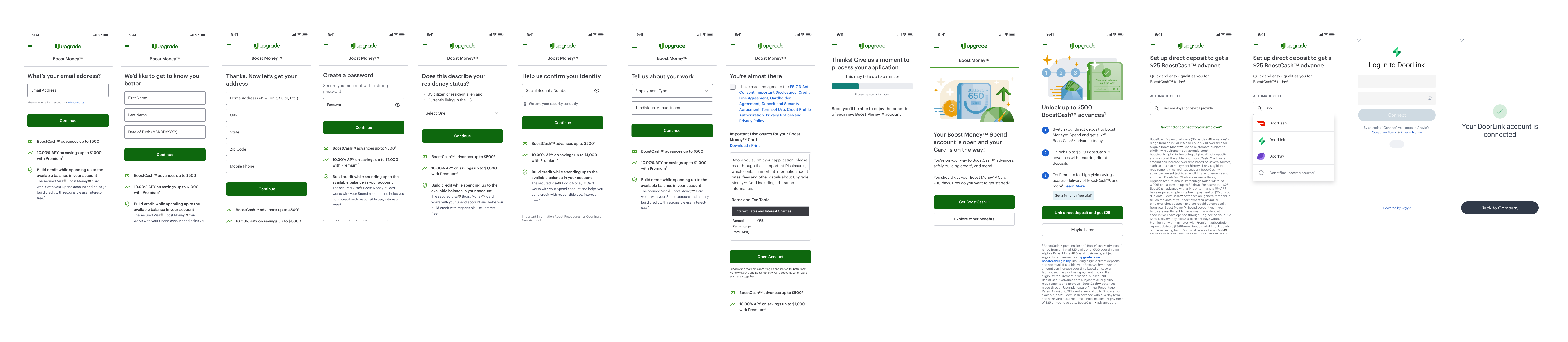 Original application flow in Upgrade branding, from email and personal details through account agreements, ending with setting up direct deposit to get a $25 BoostCash advance